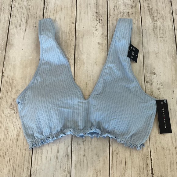 Tommy Hilfiger Light Chambray Blue Small Lettuce Edge Knit Logo Bralette NEW NWT - Picture 12 of 12